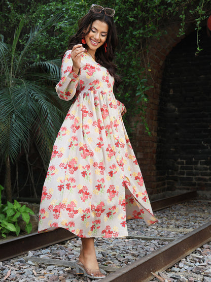 Cotton Calf Length Printed A-Line Full Sleeves Coller Kurta