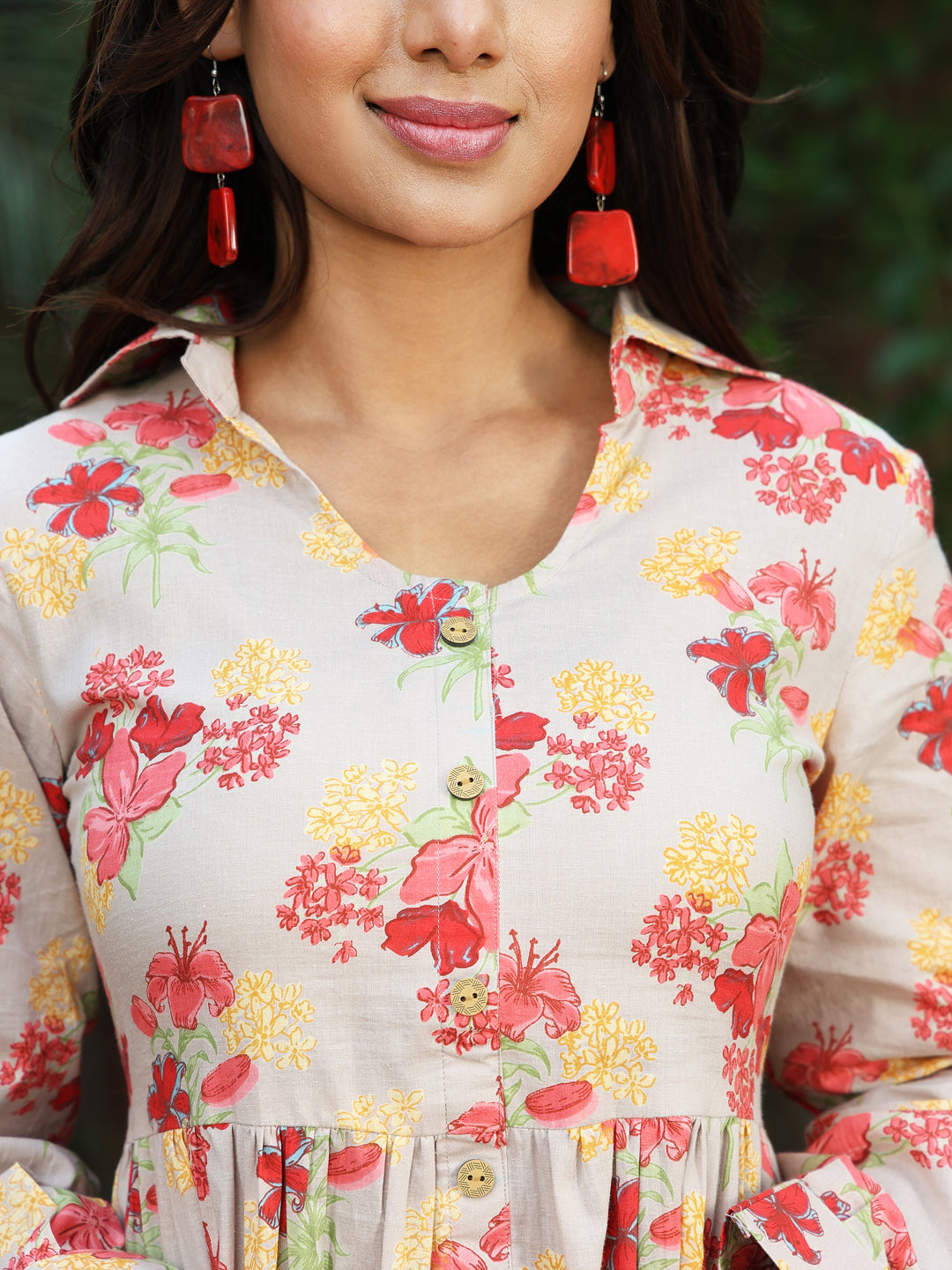 Cotton Calf Length Printed A-Line Full Sleeves Coller Kurta
