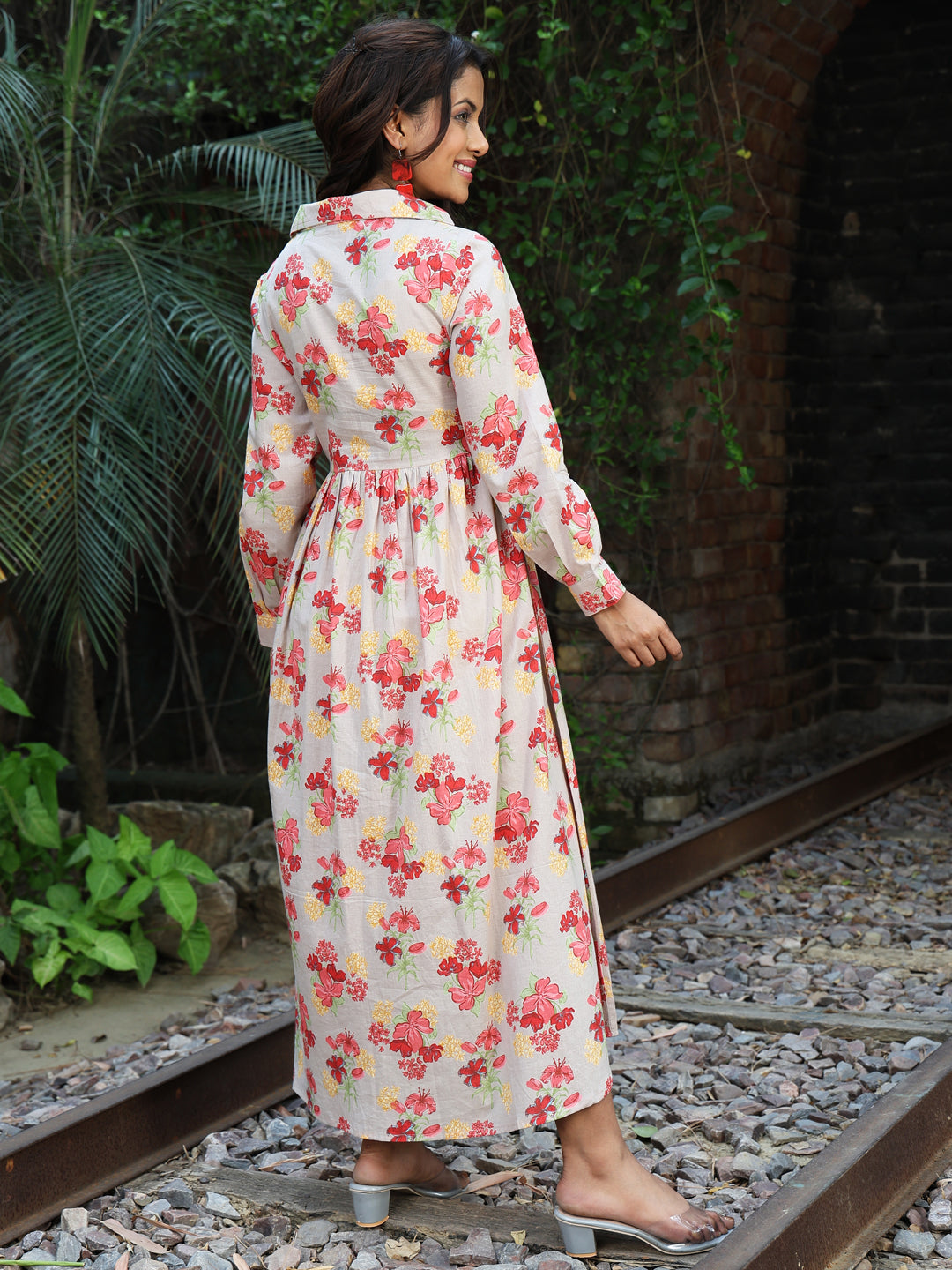Cotton Calf Length Printed A-Line Full Sleeves Coller Kurta