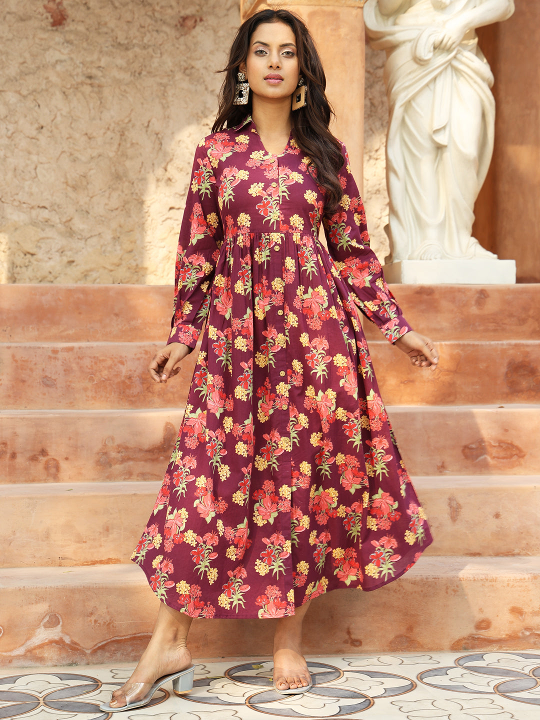 Cotton Calf Length Printed A-Line Full Sleeves Coller Kurta