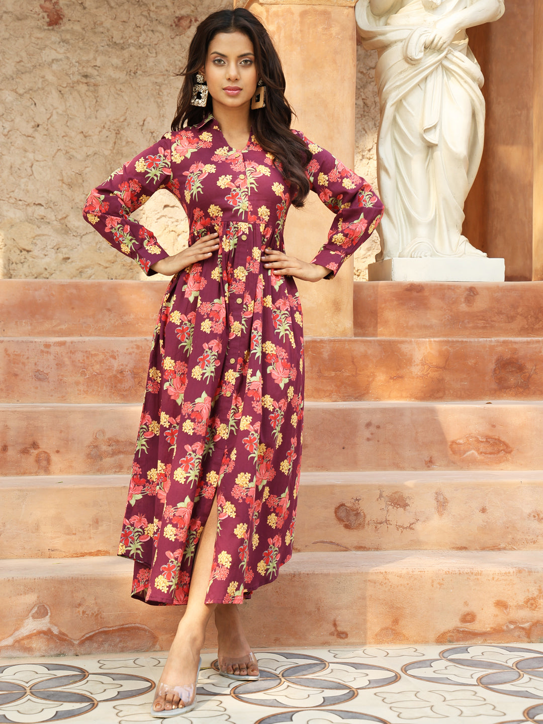Cotton Calf Length Printed A-Line Full Sleeves Coller Kurta