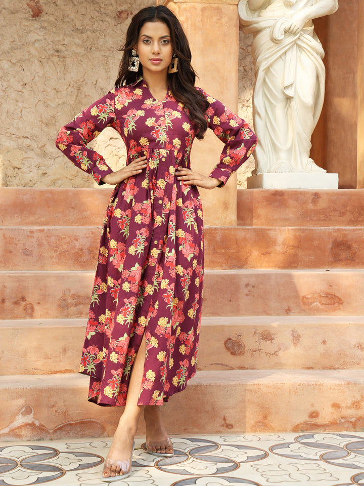 Cotton Calf Length Printed A-Line Full Sleeves Coller Kurta