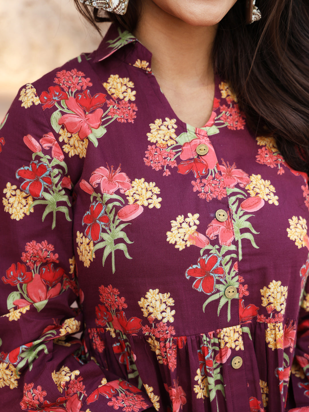 Cotton Calf Length Printed A-Line Full Sleeves Coller Kurta