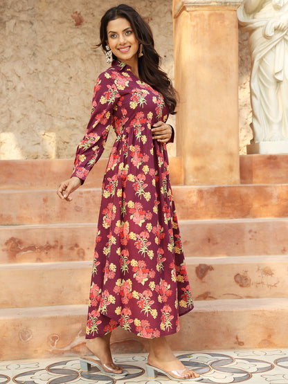 Cotton Calf Length Printed A-Line Full Sleeves Coller Kurta (Preorder)
