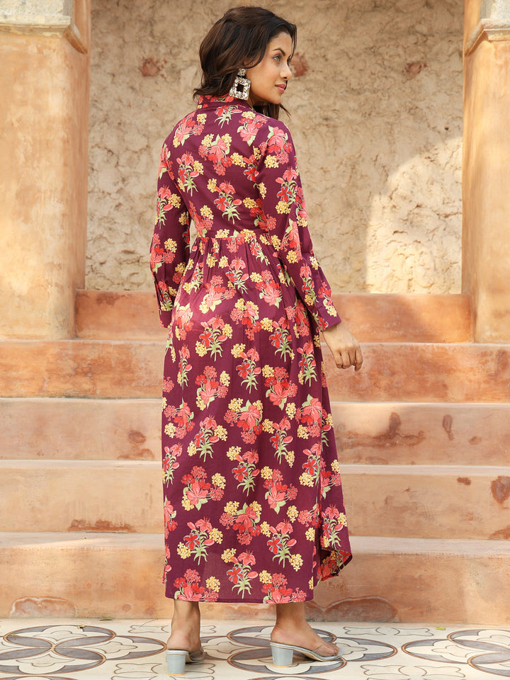 Cotton Calf Length Printed A-Line Full Sleeves Coller Kurta