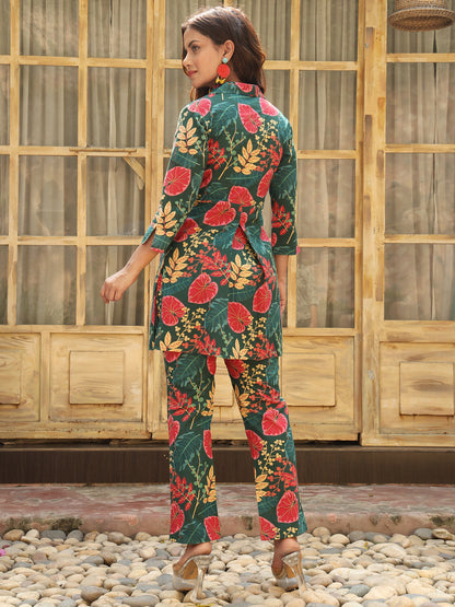 Cotton Hip Length Printed Flared 3/4 Sleeves Shirt Coller Co-Ord Set