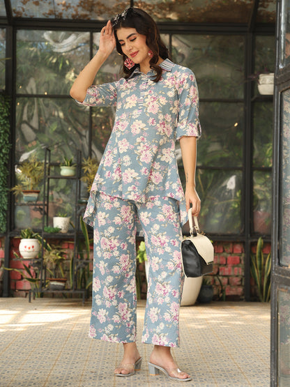 Cotton Hip Length Printed Straight 3/4 Sleeves Shirt Coller Co-Ord Set (Preorder)