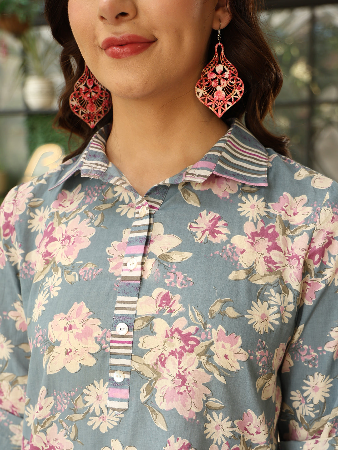 Cotton Hip Length Printed Straight 3/4 Sleeves Shirt Coller Co-Ord Set (Preorder)