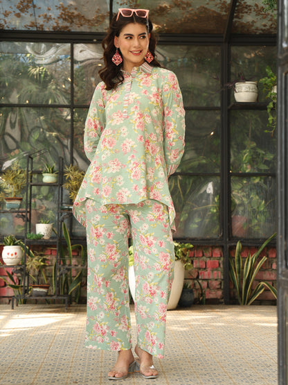 Cotton Hip Length Printed Straight 3/4 Sleeves Shirt Coller Co-Ord Set (Preorder)