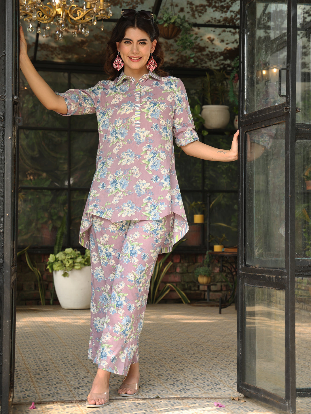 Cotton Hip Length Printed Straight 3/4 Sleeves Shirt Coller Co-Ord Set