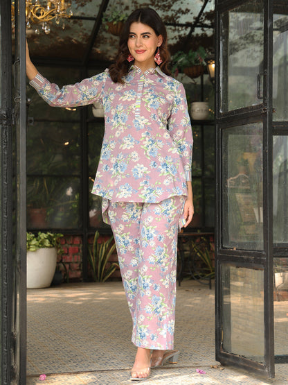 Cotton Hip Length Printed Straight 3/4 Sleeves Shirt Coller Co-Ord Set