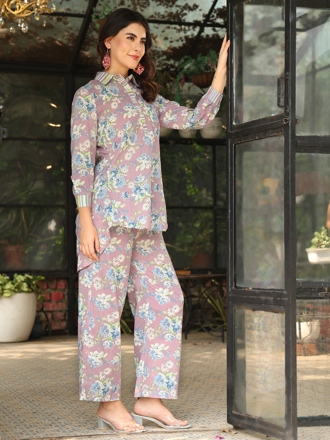Cotton Hip Length Printed Straight 3/4 Sleeves Shirt Coller Co-Ord Set