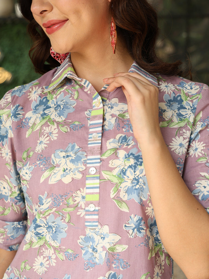 Cotton Hip Length Printed Straight 3/4 Sleeves Shirt Coller Co-Ord Set