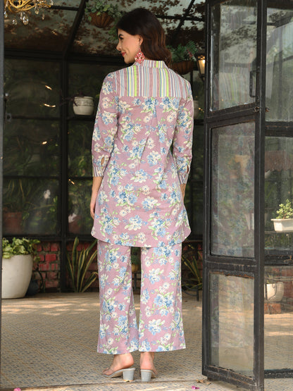 Cotton Hip Length Printed Straight 3/4 Sleeves Shirt Coller Co-Ord Set