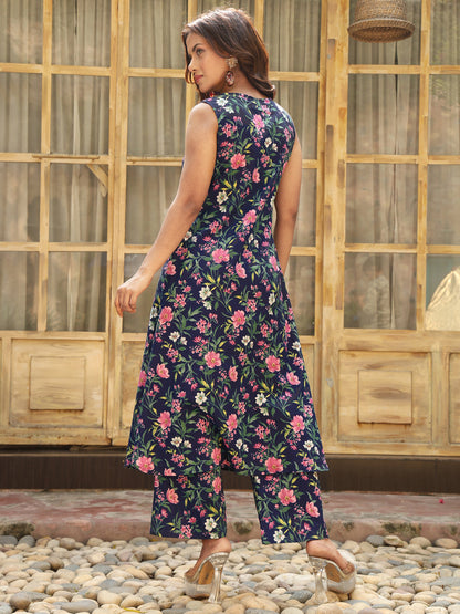 Cotton Calf Length Printed Flared Sleeveless V-Neck Kurta Bottom Set