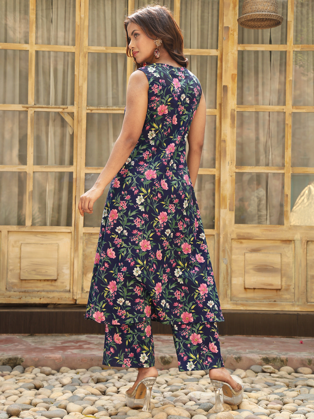 Cotton Calf Length Printed Flared Sleeveless V-Neck Kurta Bottom Set (Preorder)
