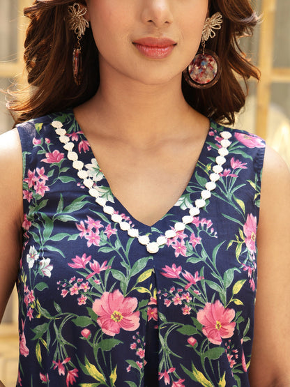 Cotton Calf Length Printed Flared Sleeveless V-Neck Kurta Bottom Set