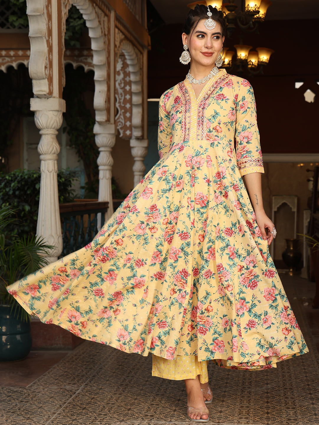 Cotton Calf Length Printed Flared 3/4 Sleeves V-Neck Kurta Suit Set