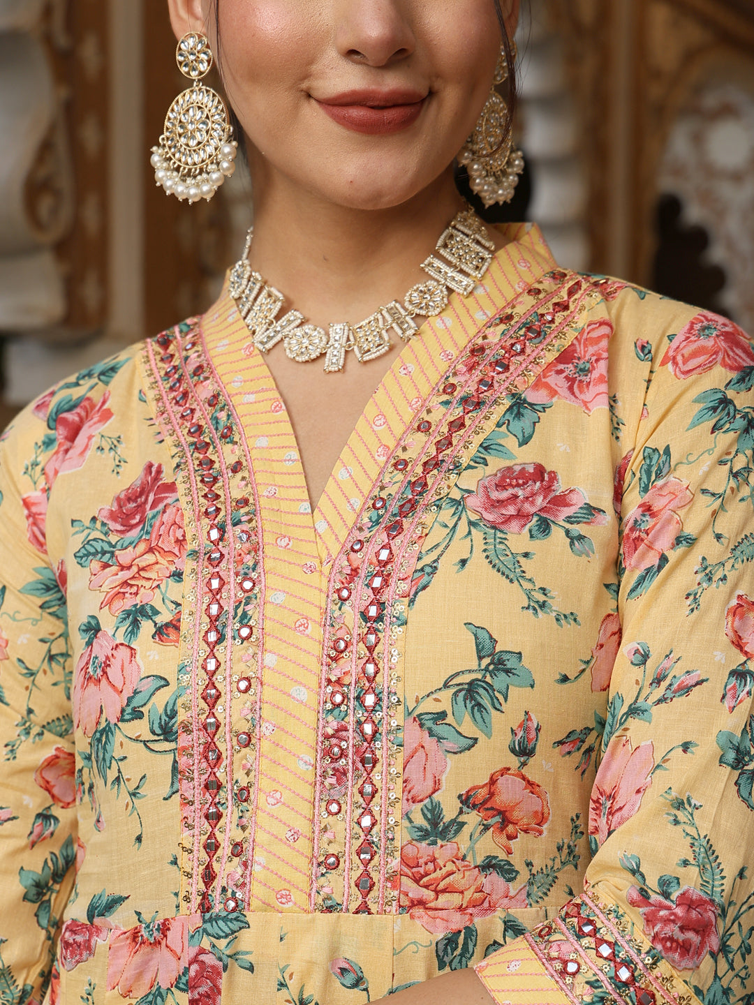 Cotton Calf Length Printed Flared 3/4 Sleeves V-Neck Kurta Suit Set
