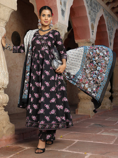 Cotton Calf Length Printed Flared 3/4 Sleeves V-Neck Kurta Suit Set With Dupatta