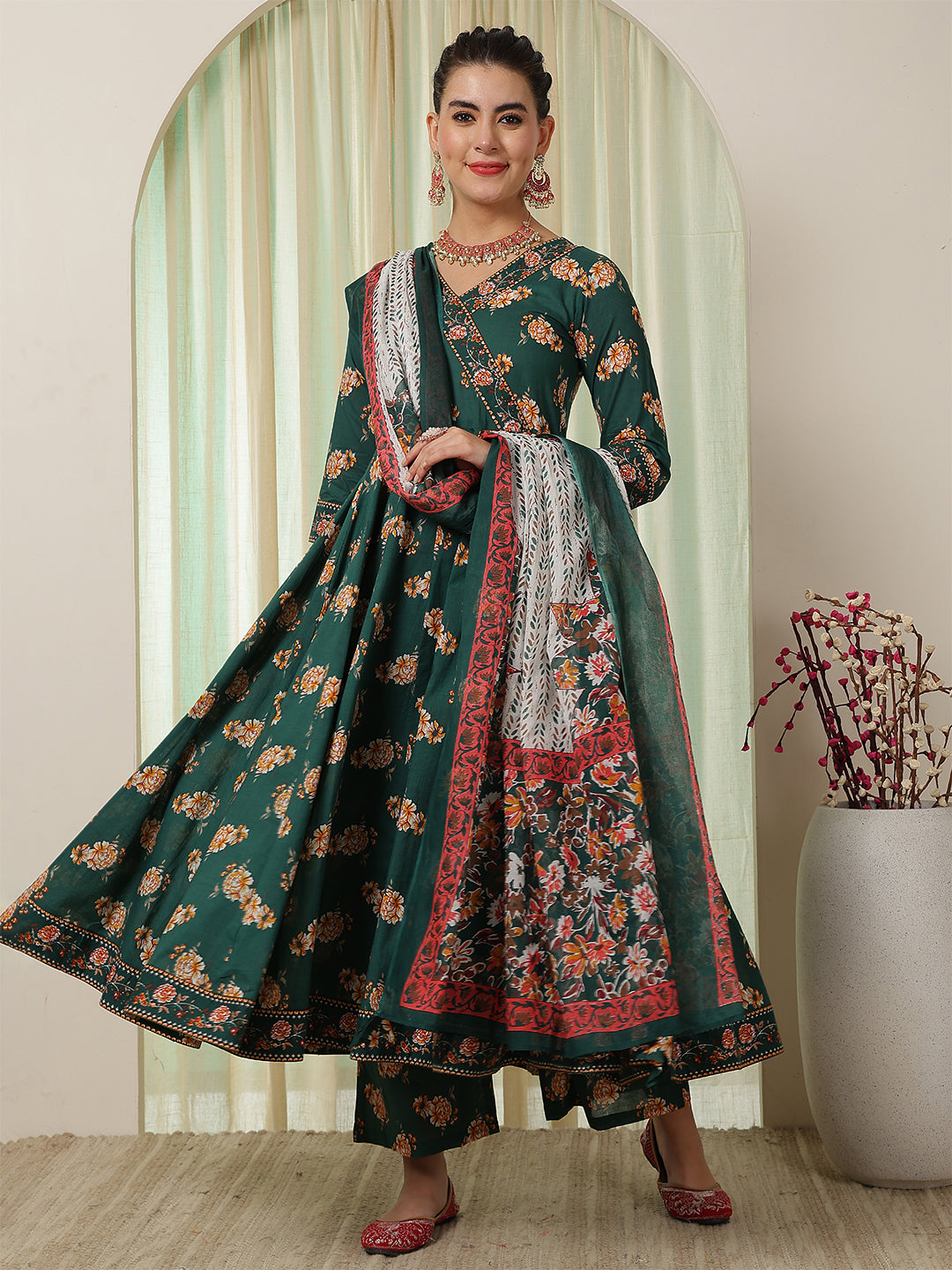 Cotton Calf Length Printed Flared 3/4 Sleeves V-Neck Kurta Suit Set With Dupatta (Preorder)