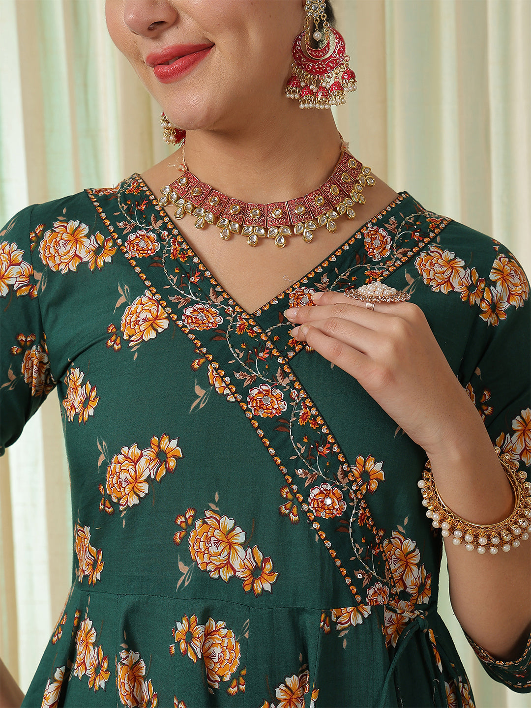 Cotton Calf Length Printed Flared 3/4 Sleeves V-Neck Kurta Suit Set With Dupatta (Preorder)