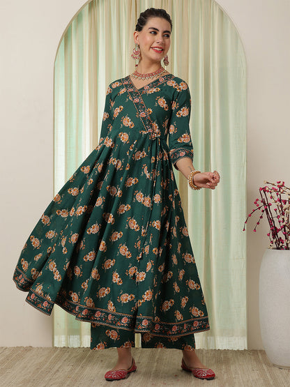Cotton Calf Length Printed Flared 3/4 Sleeves V-Neck Kurta Suit Set With Dupatta