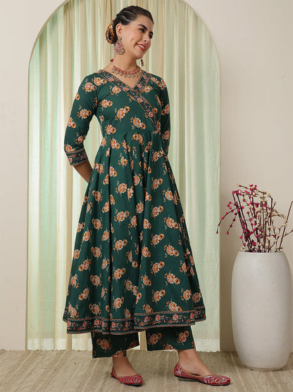 Cotton Calf Length Printed Flared 3/4 Sleeves V-Neck Kurta Suit Set With Dupatta