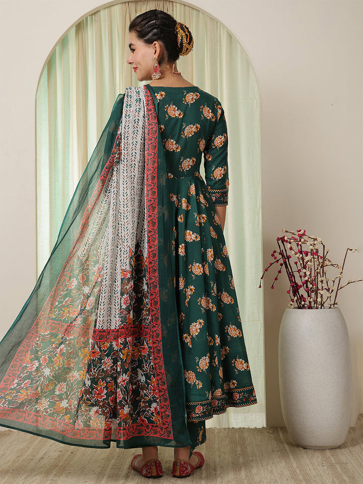 Cotton Calf Length Printed Flared 3/4 Sleeves V-Neck Kurta Suit Set With Dupatta