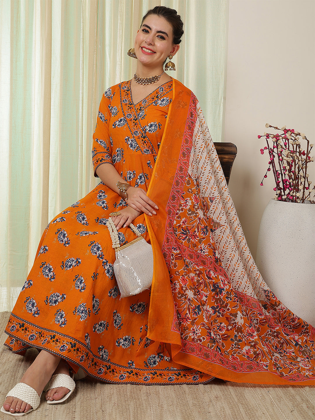 Cotton Calf Length Printed Flared 3/4 Sleeves V-Neck Kurta Suit Set With Dupatta (Preorder)