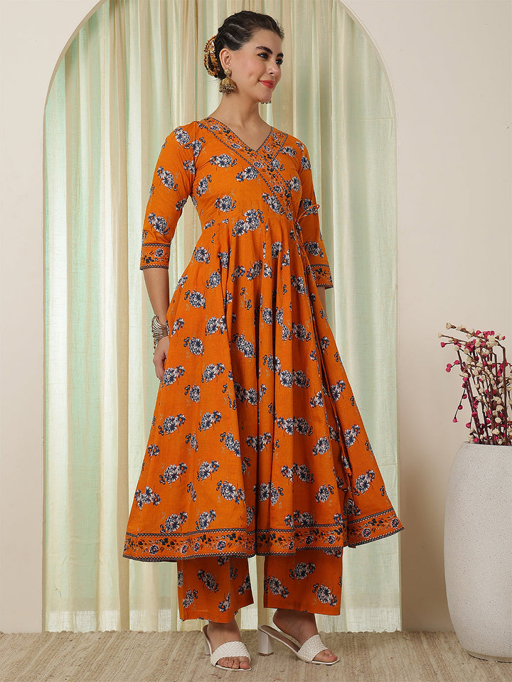 Cotton Calf Length Printed Flared 3/4 Sleeves V-Neck Kurta Suit Set With Dupatta