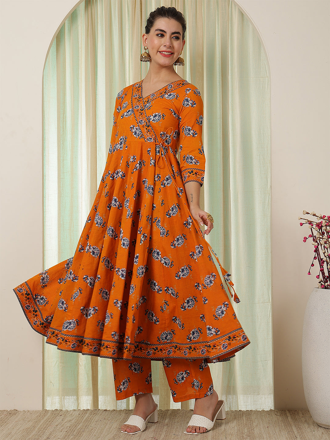 Cotton Calf Length Printed Flared 3/4 Sleeves V-Neck Kurta Suit Set With Dupatta (Preorder)