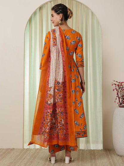 Cotton Calf Length Printed Flared 3/4 Sleeves V-Neck Kurta Suit Set With Dupatta (Preorder)
