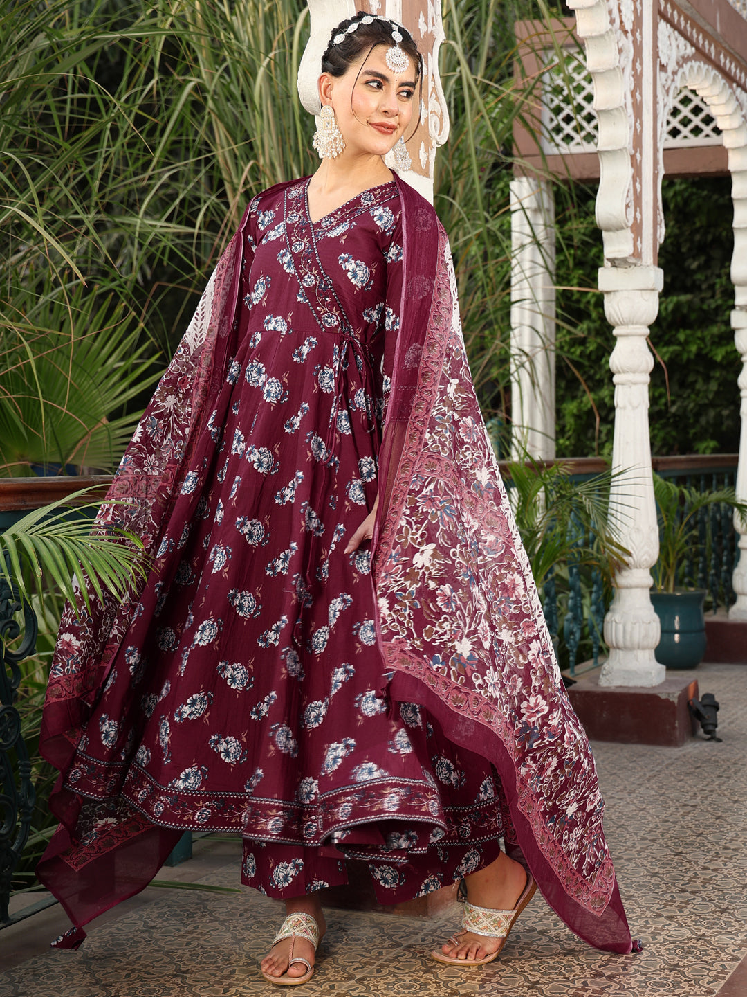 Cotton Calf Length Printed Flared 3/4 Sleeves V-Neck Kurta Suit Set With Dupatta