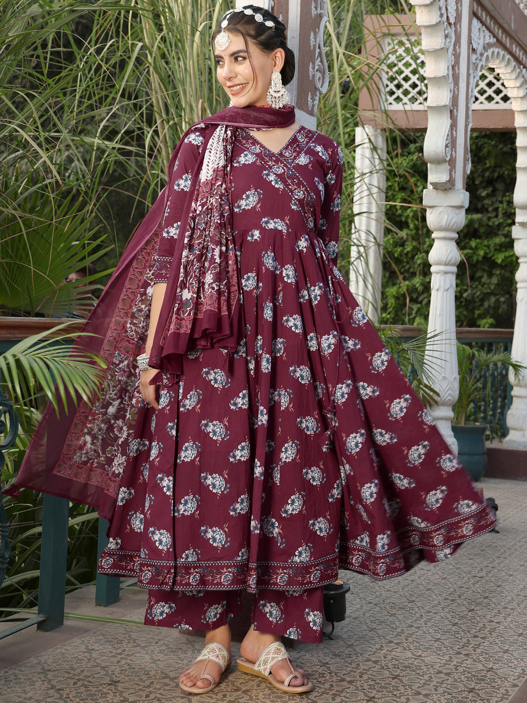 Cotton Calf Length Printed Flared 3/4 Sleeves V-Neck Kurta Suit Set With Dupatta