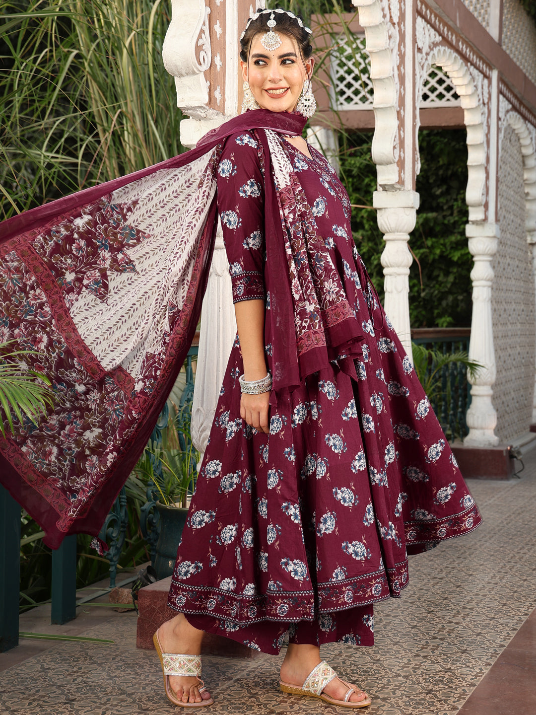Cotton Calf Length Printed Flared 3/4 Sleeves V-Neck Kurta Suit Set With Dupatta (Preorder)