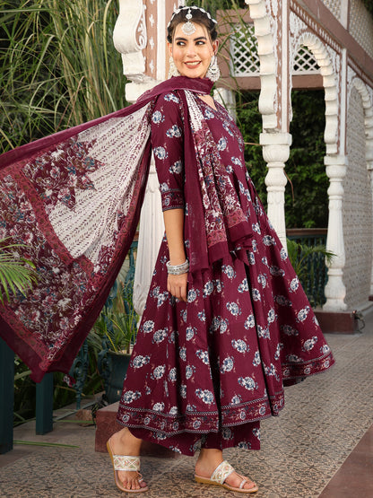 Cotton Calf Length Printed Flared 3/4 Sleeves V-Neck Kurta Suit Set With Dupatta (Preorder)
