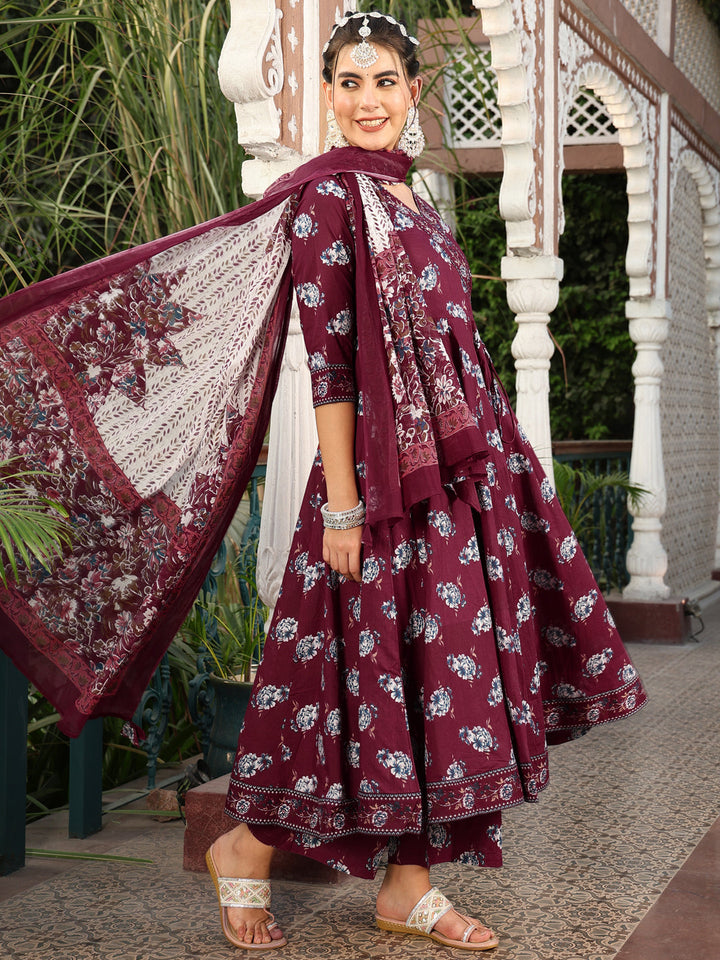 Cotton Calf Length Printed Flared 3/4 Sleeves V-Neck Kurta Suit Set With Dupatta