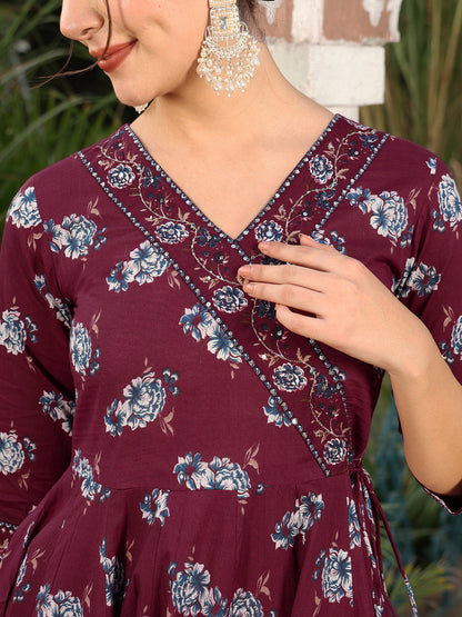 Cotton Calf Length Printed Flared 3/4 Sleeves V-Neck Kurta Suit Set With Dupatta