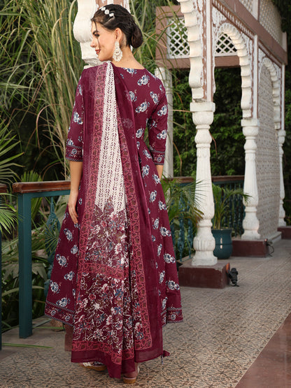 Cotton Calf Length Printed Flared 3/4 Sleeves V-Neck Kurta Suit Set With Dupatta