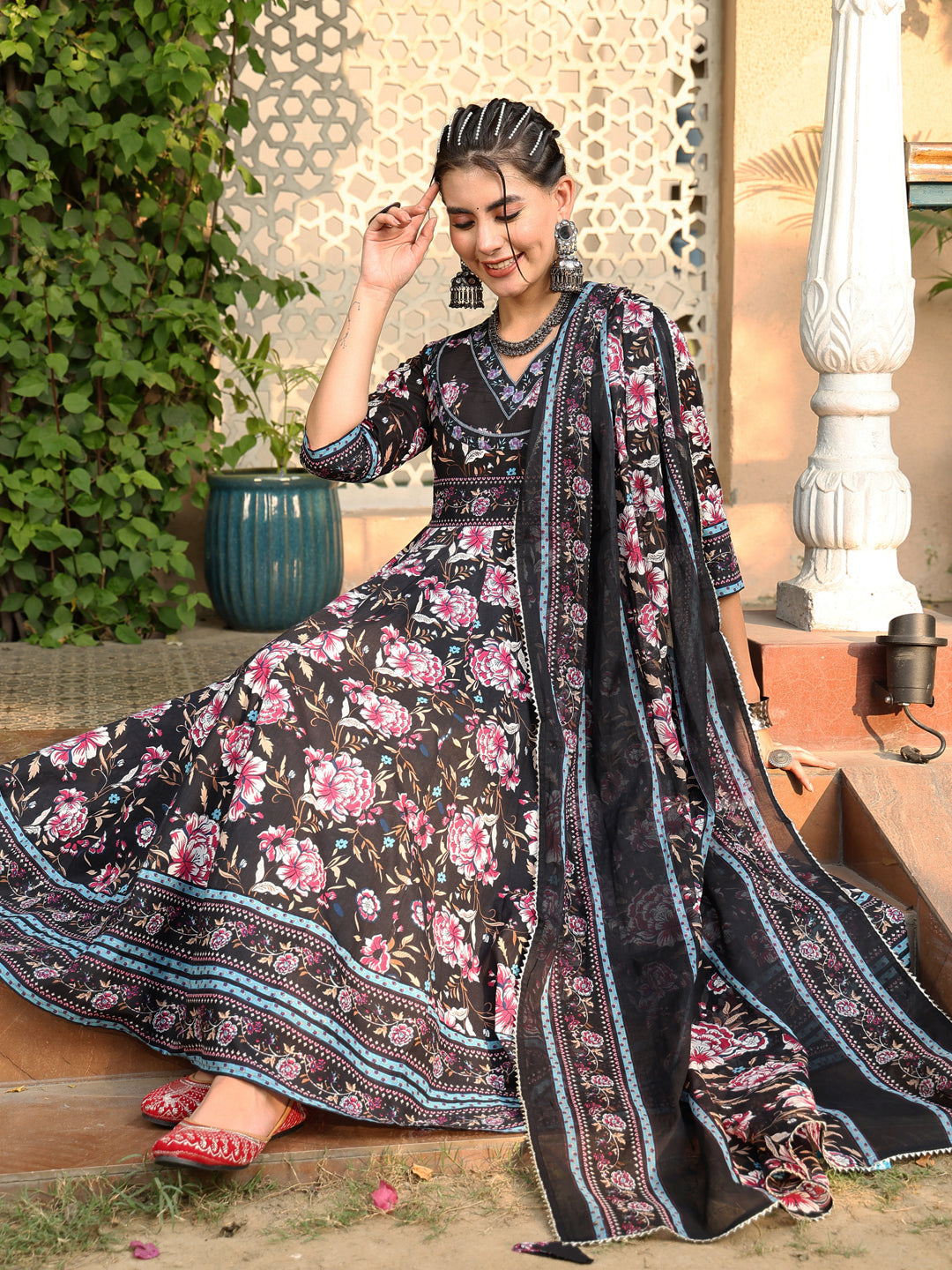 Cotton Calf Length Printed Flared 3/4 Sleeves V-Neck Kurta Suit Set With Dupatta (Preorder)