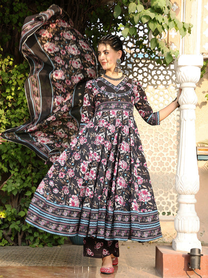 Cotton Calf Length Printed Flared 3/4 Sleeves V-Neck Kurta Suit Set With Dupatta (Preorder)