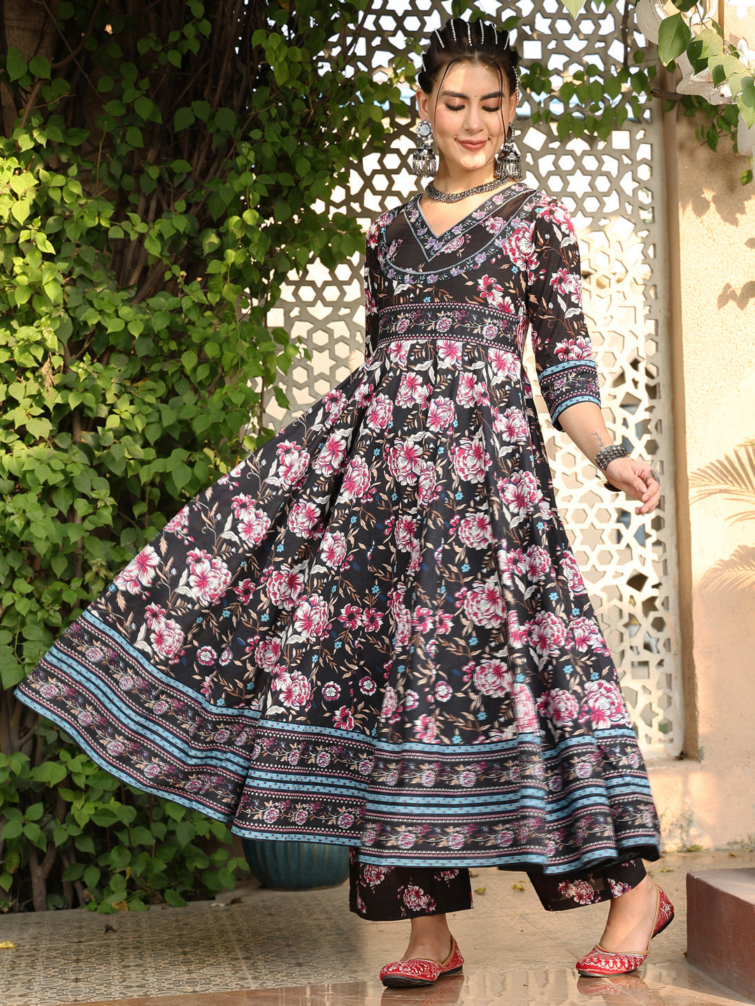 Cotton Calf Length Printed Flared 3/4 Sleeves V-Neck Kurta Suit Set With Dupatta
