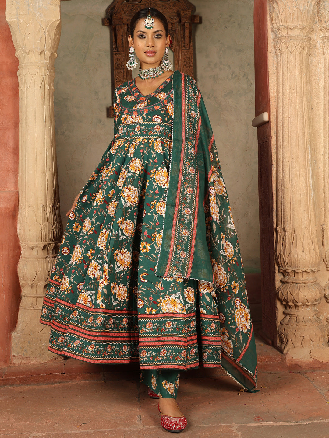 Cotton Calf Length Printed Flared 3/4 Sleeves V-Neck Kurta Suit Set With Dupatta