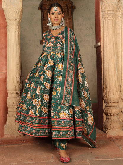 Cotton Calf Length Printed Flared 3/4 Sleeves V-Neck Kurta Suit Set With Dupatta