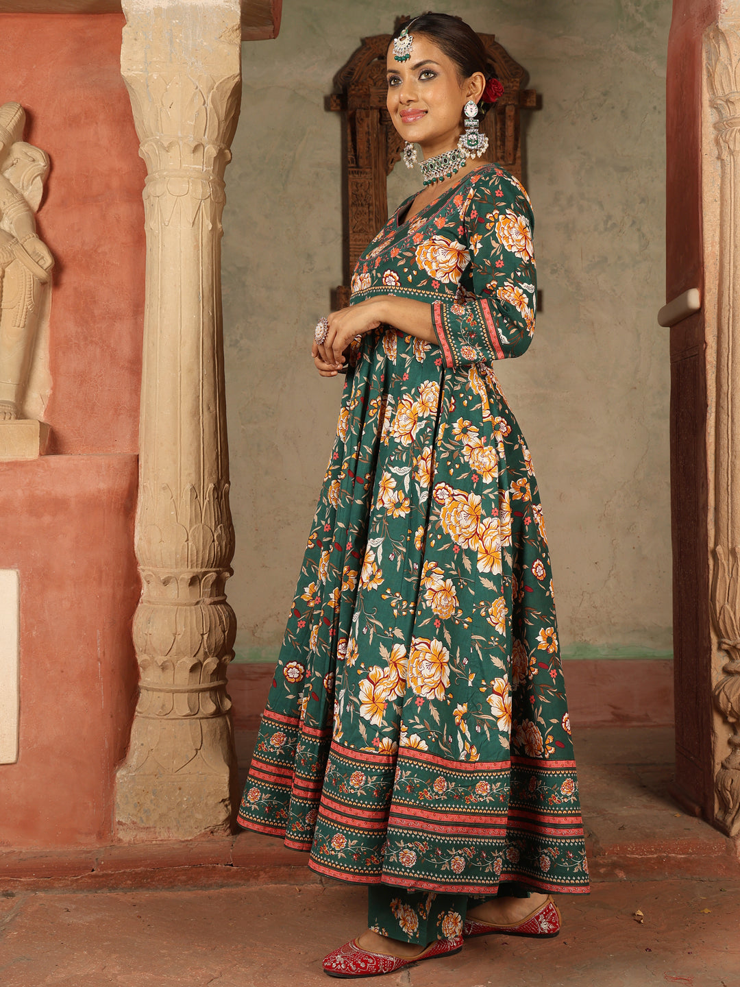 Cotton Calf Length Printed Flared 3/4 Sleeves V-Neck Kurta Suit Set With Dupatta