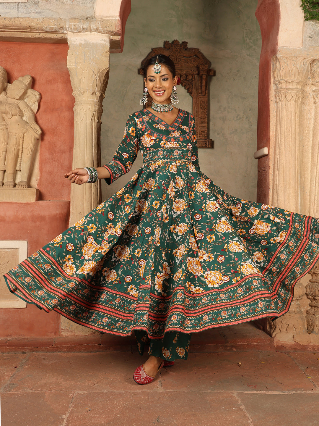 Cotton Calf Length Printed Flared 3/4 Sleeves V-Neck Kurta Suit Set With Dupatta