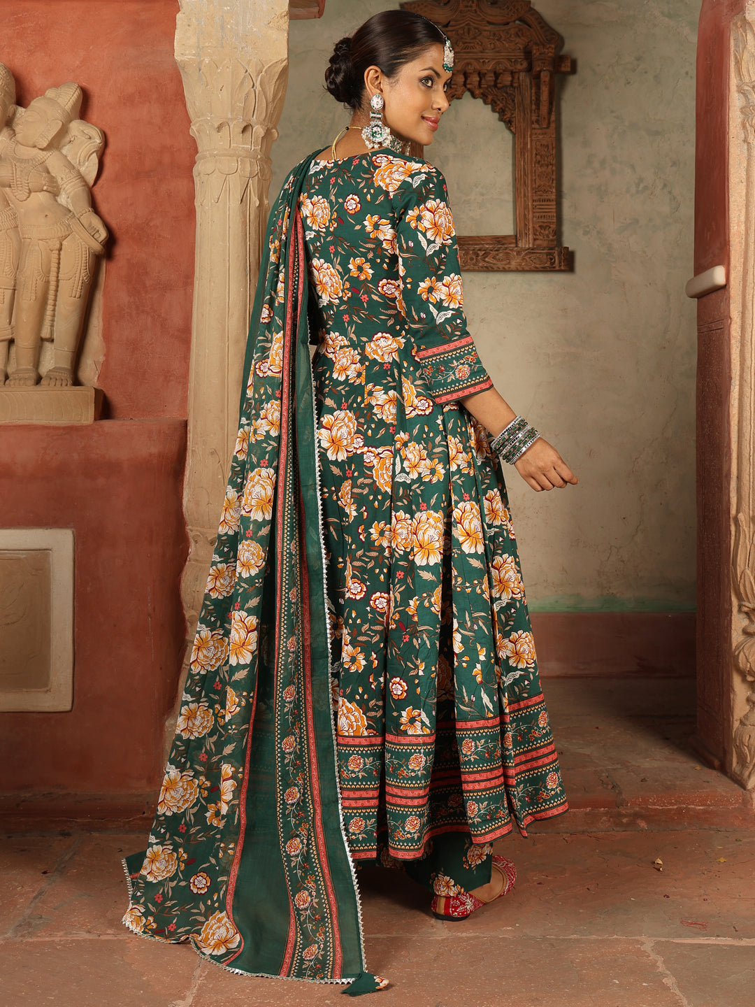 Cotton Calf Length Printed Flared 3/4 Sleeves V-Neck Kurta Suit Set With Dupatta (Preorder)
