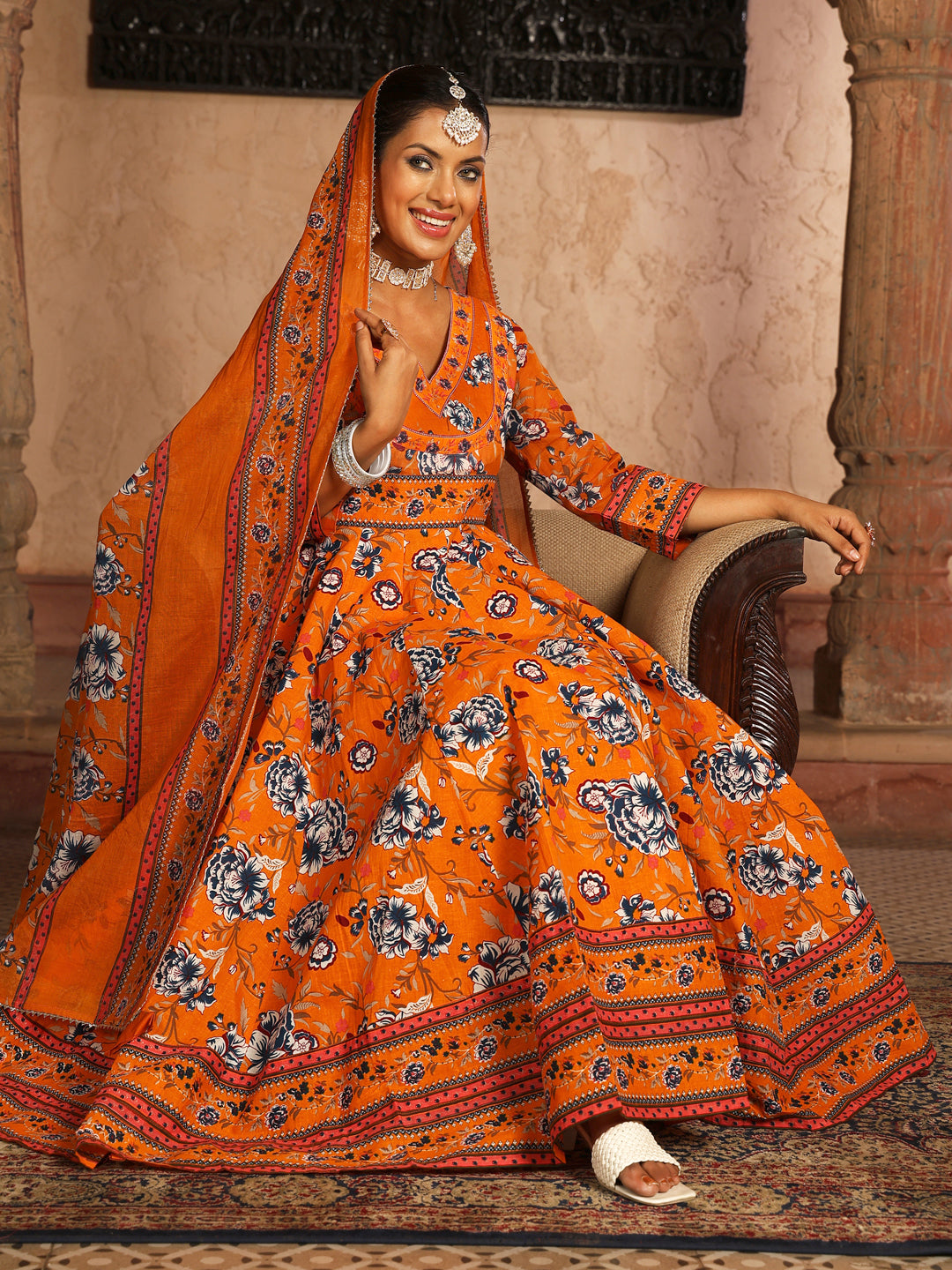 Cotton Calf Length Printed Flared 3/4 Sleeves V-Neck Kurta Suit Set With Dupatta (Preorder)