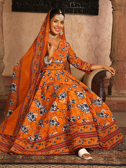 Cotton Calf Length Printed Flared 3/4 Sleeves V-Neck Kurta Suit Set With Dupatta (Preorder)